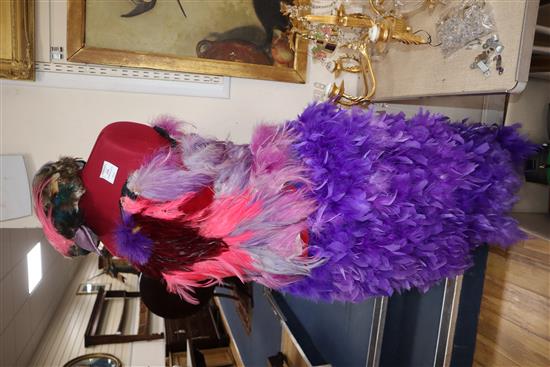 The Magic Flute: Papagenas pink, lilac and purple bodice with matching feather skirt and feathered bird headdress,